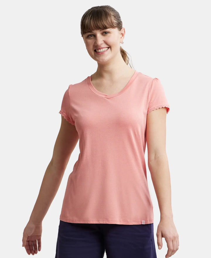 Micro Modal Cotton Relaxed Fit Solid V Neck Half Sleeve T-Shirt - Wild Rose-5