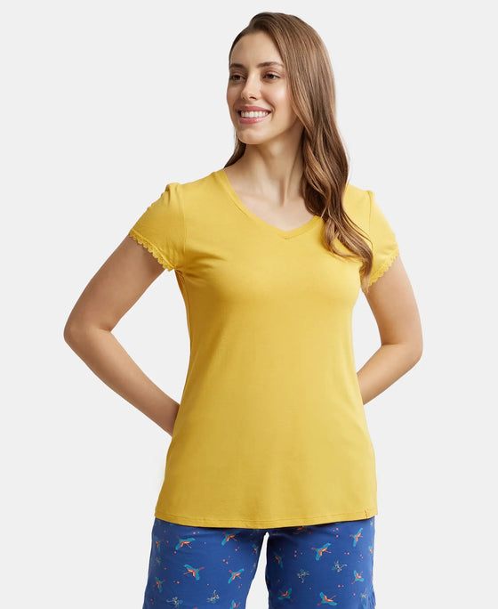 Micro Modal Cotton Relaxed Fit Solid V Neck Half Sleeve T-Shirt - Yolk Yellow-1