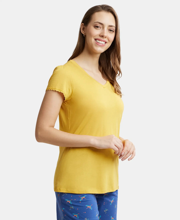 Micro Modal Cotton Relaxed Fit Solid V Neck Half Sleeve T-Shirt - Yolk Yellow-2