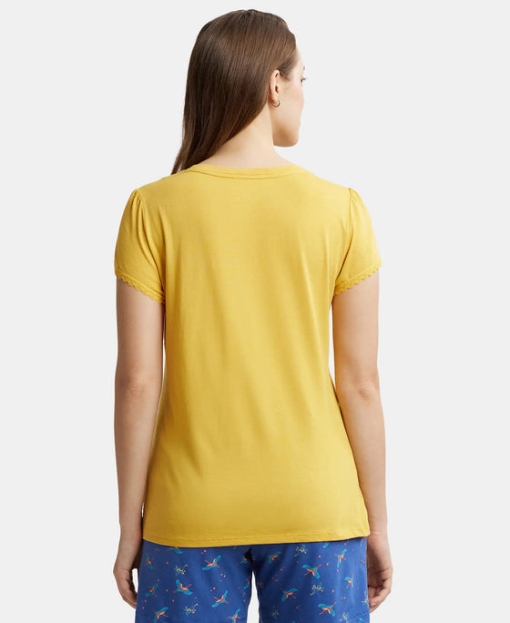 Micro Modal Cotton Relaxed Fit Solid V Neck Half Sleeve T-Shirt - Yolk Yellow-3