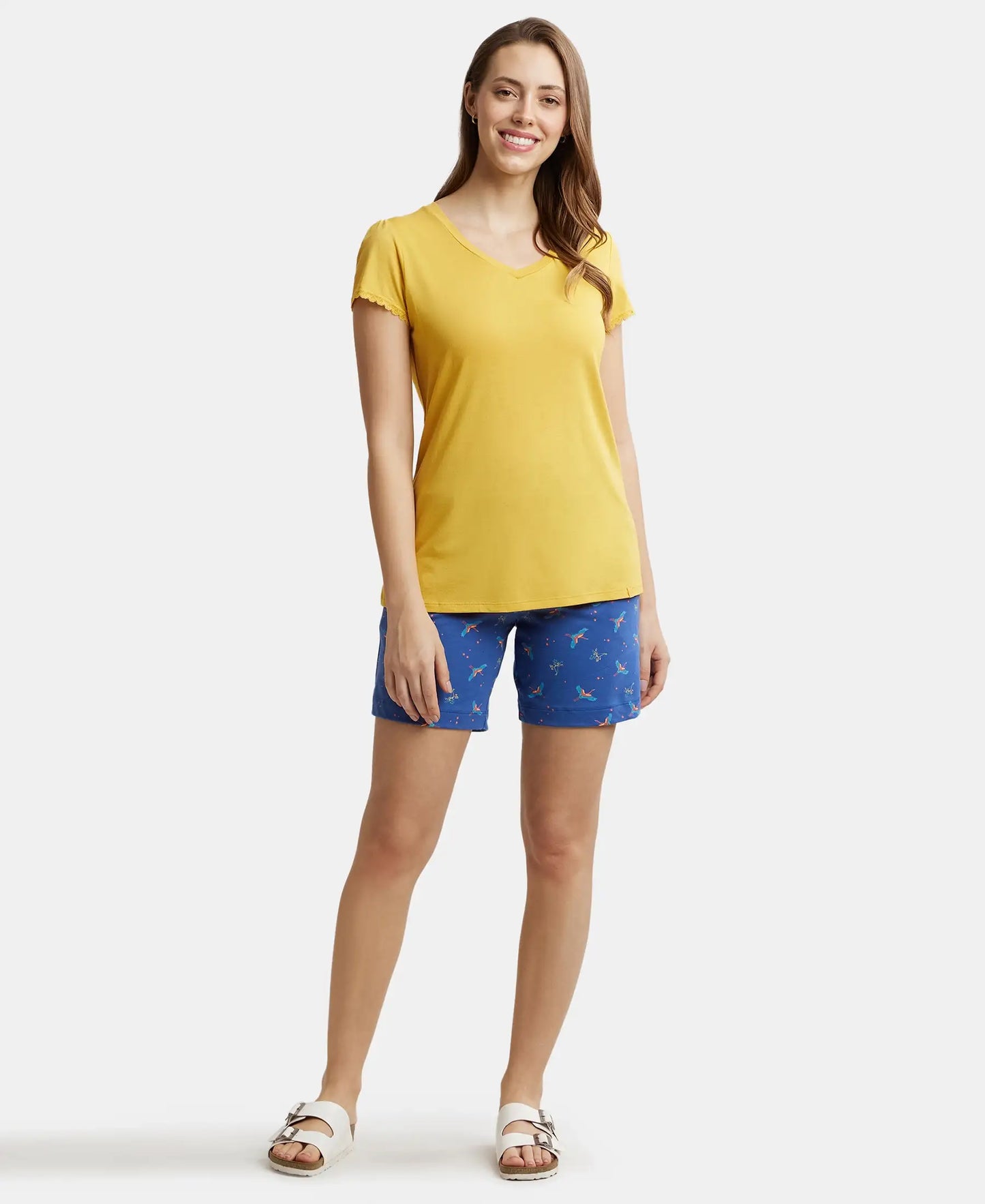Micro Modal Cotton Relaxed Fit Solid V Neck Half Sleeve T-Shirt - Yolk Yellow-4