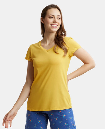 Micro Modal Cotton Relaxed Fit Solid V Neck Half Sleeve T-Shirt - Yolk Yellow-5
