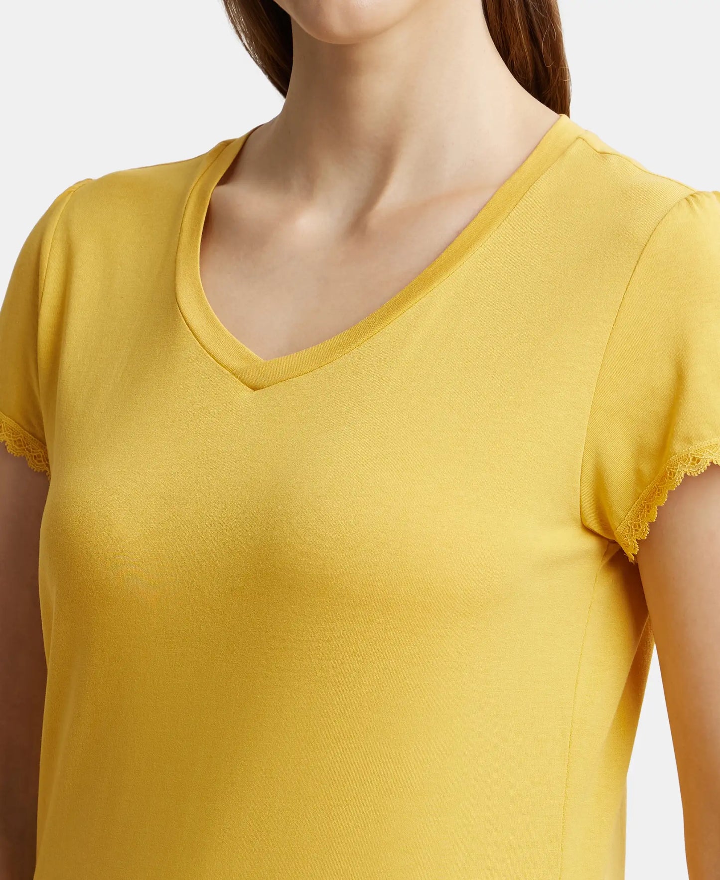 Micro Modal Cotton Relaxed Fit Solid V Neck Half Sleeve T-Shirt - Yolk Yellow-6