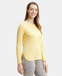 Micro Modal Cotton Relaxed Fit Solid Round Neck Full Sleeve T-Shirt with Curved Hem Styling - Banana Cream-2