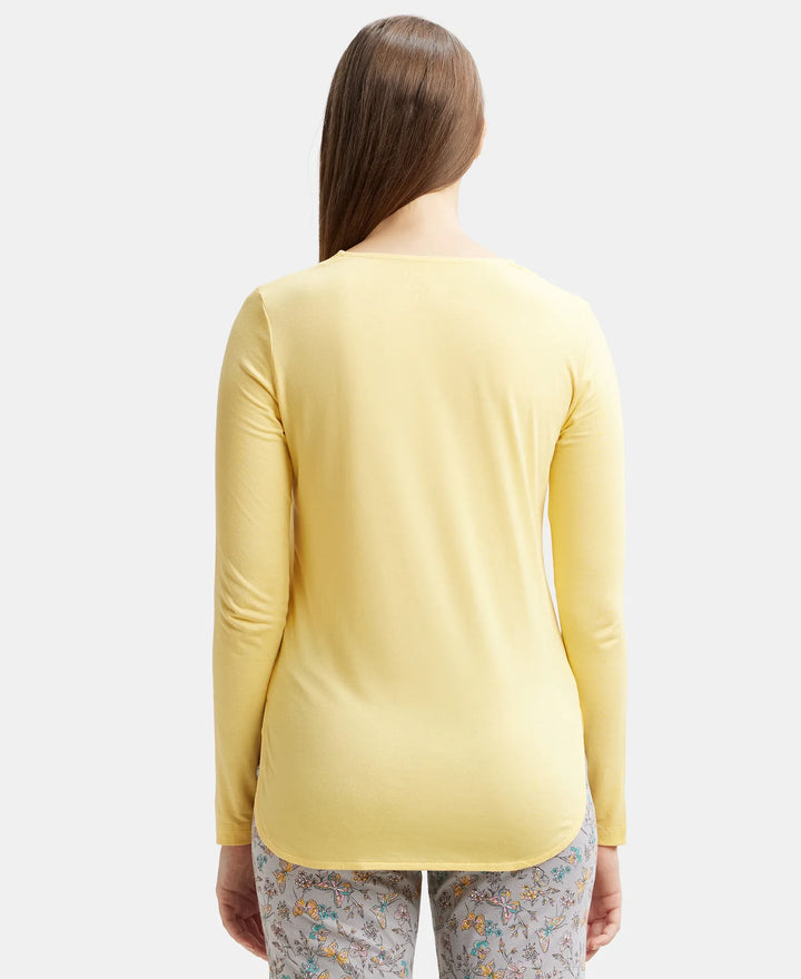 Micro Modal Cotton Relaxed Fit Solid Round Neck Full Sleeve T-Shirt with Curved Hem Styling - Banana Cream-3