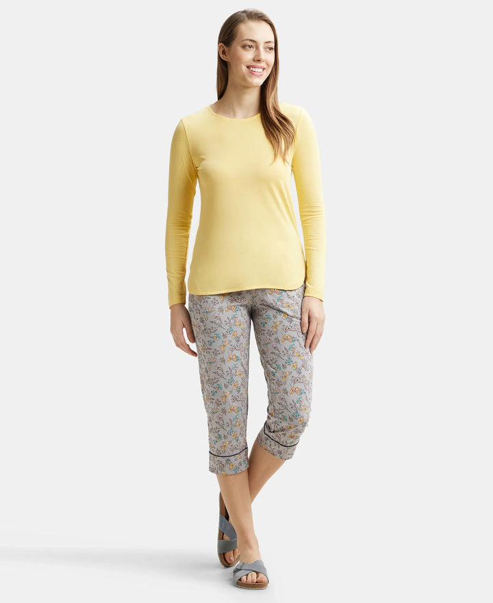 Micro Modal Cotton Relaxed Fit Solid Round Neck Full Sleeve T-Shirt with Curved Hem Styling - Banana Cream-4