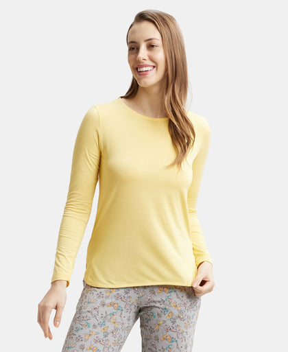 Micro Modal Cotton Relaxed Fit Solid Round Neck Full Sleeve T-Shirt with Curved Hem Styling - Banana Cream-5