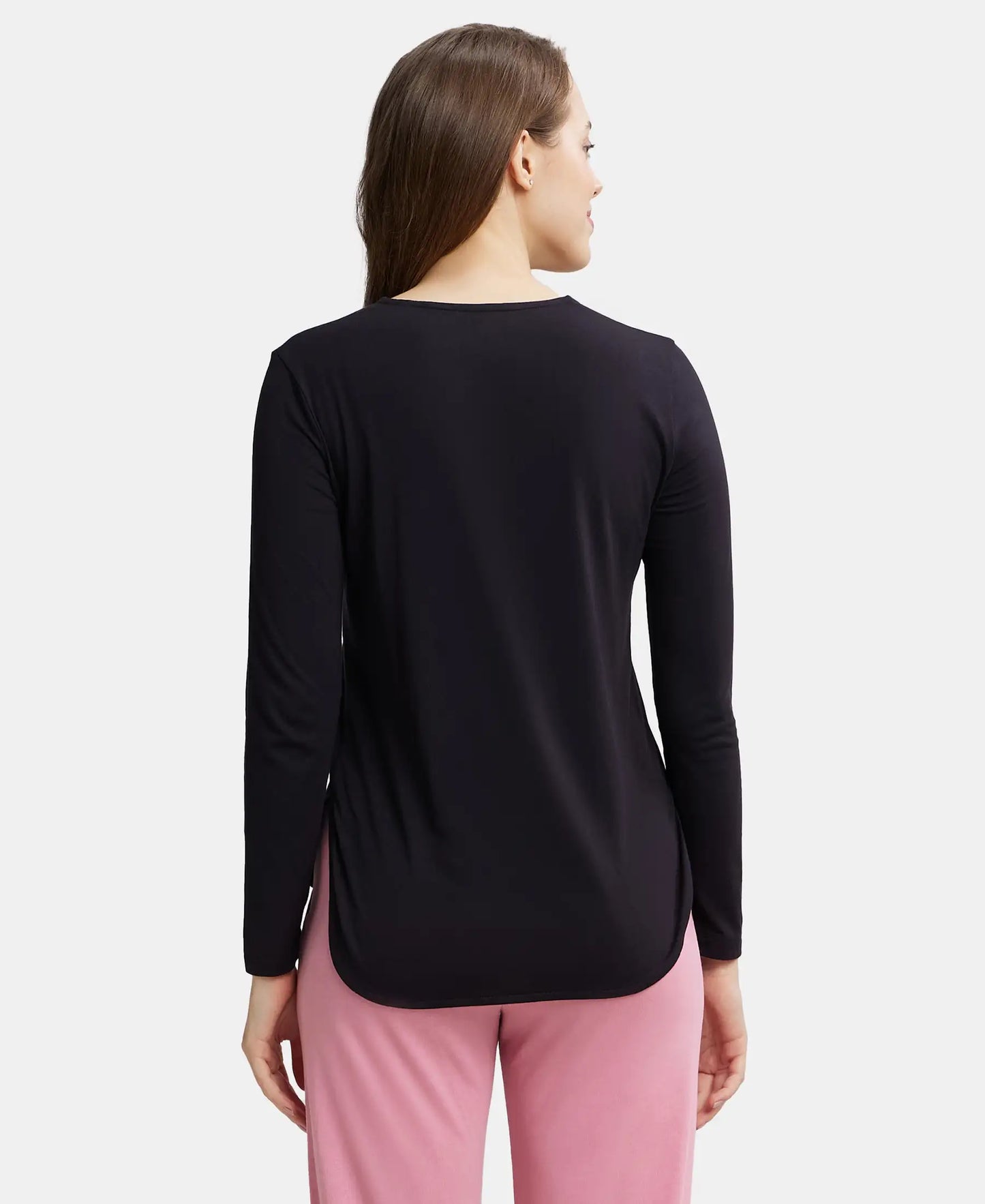 Micro Modal Cotton Relaxed Fit Solid Round Neck Full Sleeve T-Shirt with Curved Hem Styling - Black-3