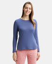 Micro Modal Cotton Relaxed Fit Solid Round Neck Full Sleeve T-Shirt with Curved Hem Styling - Blue Indigo-1