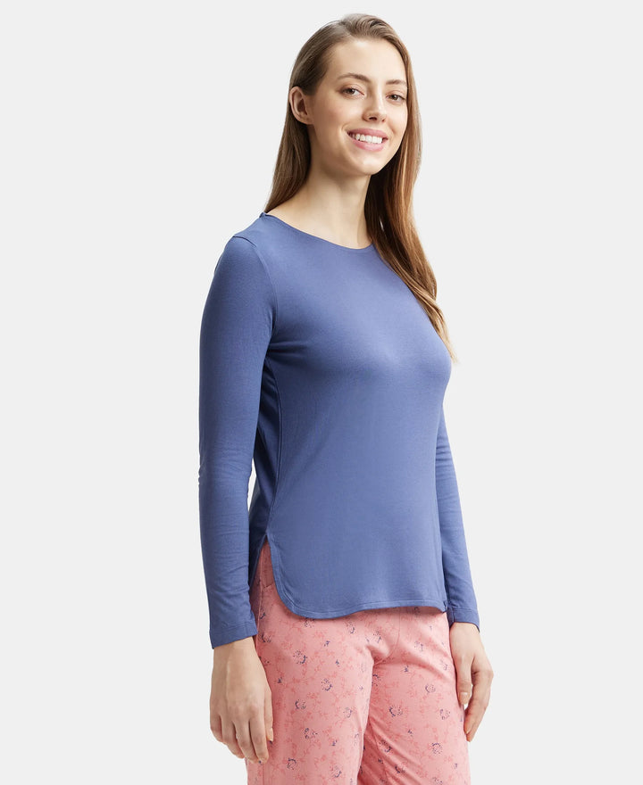 Micro Modal Cotton Relaxed Fit Solid Round Neck Full Sleeve T-Shirt with Curved Hem Styling - Blue Indigo-2