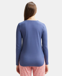 Micro Modal Cotton Relaxed Fit Solid Round Neck Full Sleeve T-Shirt with Curved Hem Styling - Blue Indigo-3