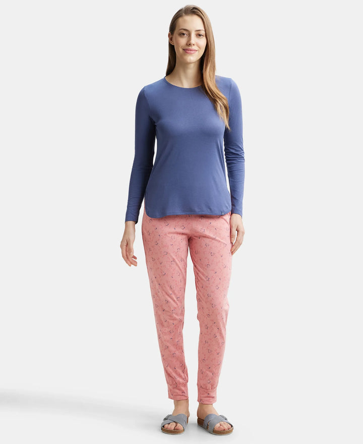 Micro Modal Cotton Relaxed Fit Solid Round Neck Full Sleeve T-Shirt with Curved Hem Styling - Blue Indigo-4