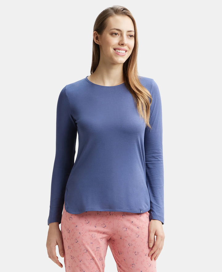 Micro Modal Cotton Relaxed Fit Solid Round Neck Full Sleeve T-Shirt with Curved Hem Styling - Blue Indigo-5