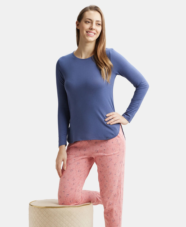 Micro Modal Cotton Relaxed Fit Solid Round Neck Full Sleeve T-Shirt with Curved Hem Styling - Blue Indigo-6