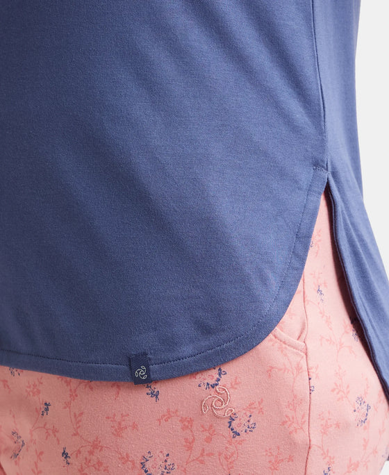 Micro Modal Cotton Relaxed Fit Solid Round Neck Full Sleeve T-Shirt with Curved Hem Styling - Blue Indigo-7