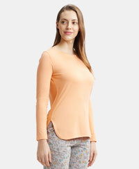 Micro Modal Cotton Relaxed Fit Solid Round Neck Full Sleeve T-Shirt with Curved Hem Styling - Coral Reef-2