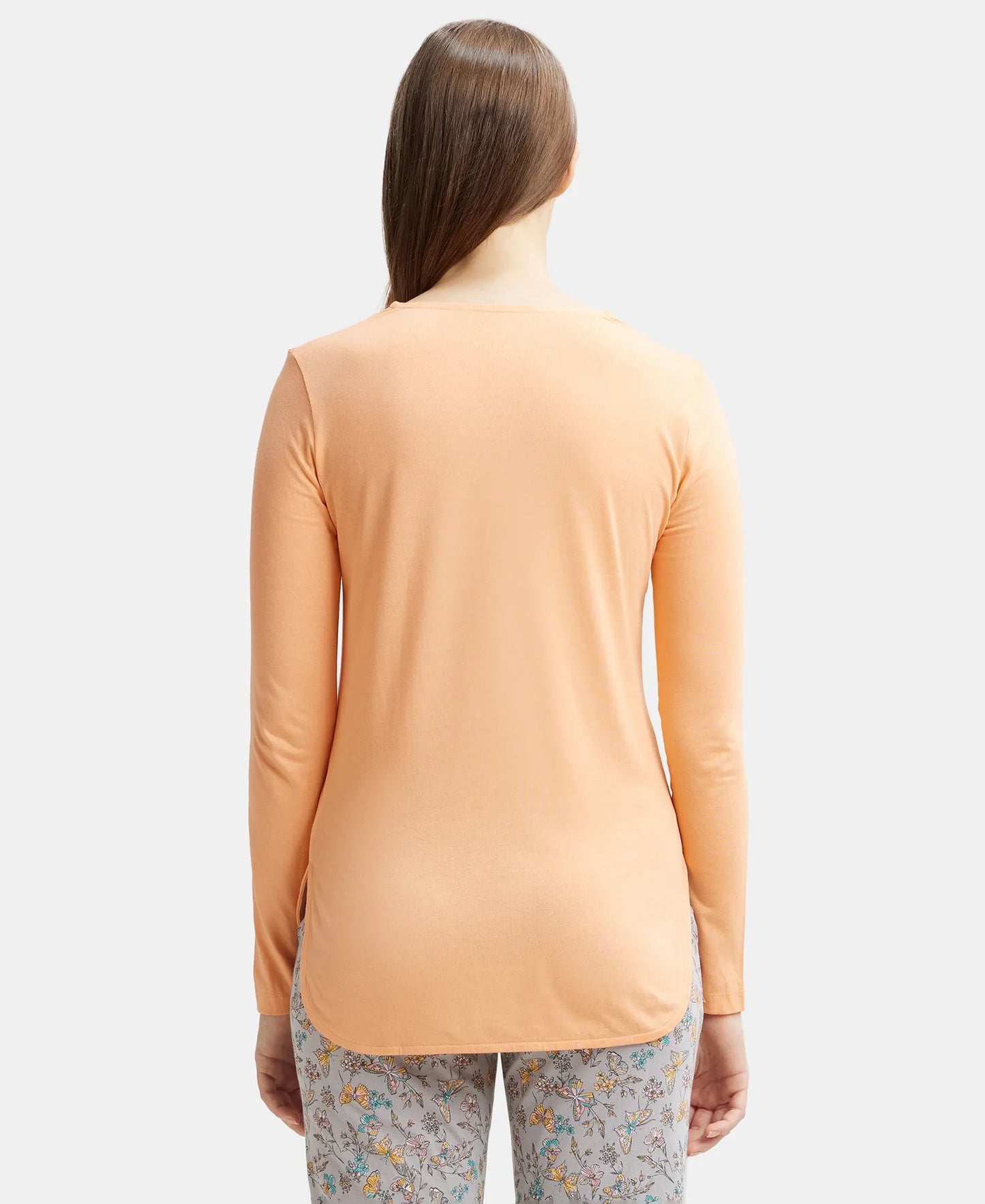 Micro Modal Cotton Relaxed Fit Solid Round Neck Full Sleeve T-Shirt with Curved Hem Styling - Coral Reef-3