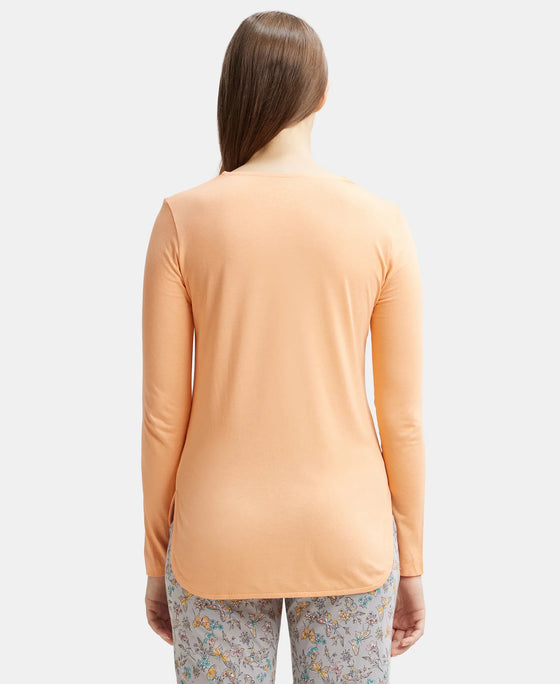 Micro Modal Cotton Relaxed Fit Solid Round Neck Full Sleeve T-Shirt with Curved Hem Styling - Coral Reef-3