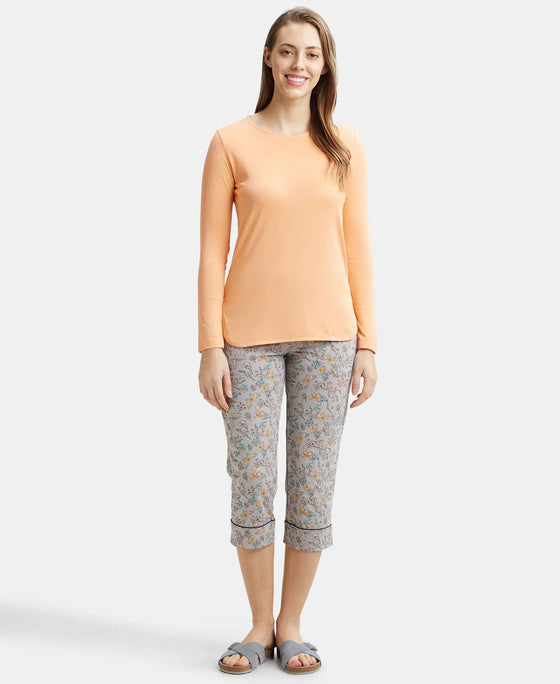 Micro Modal Cotton Relaxed Fit Solid Round Neck Full Sleeve T-Shirt with Curved Hem Styling - Coral Reef-4