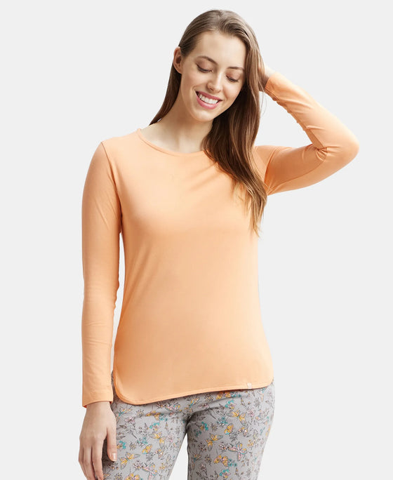 Micro Modal Cotton Relaxed Fit Solid Round Neck Full Sleeve T-Shirt with Curved Hem Styling - Coral Reef-5