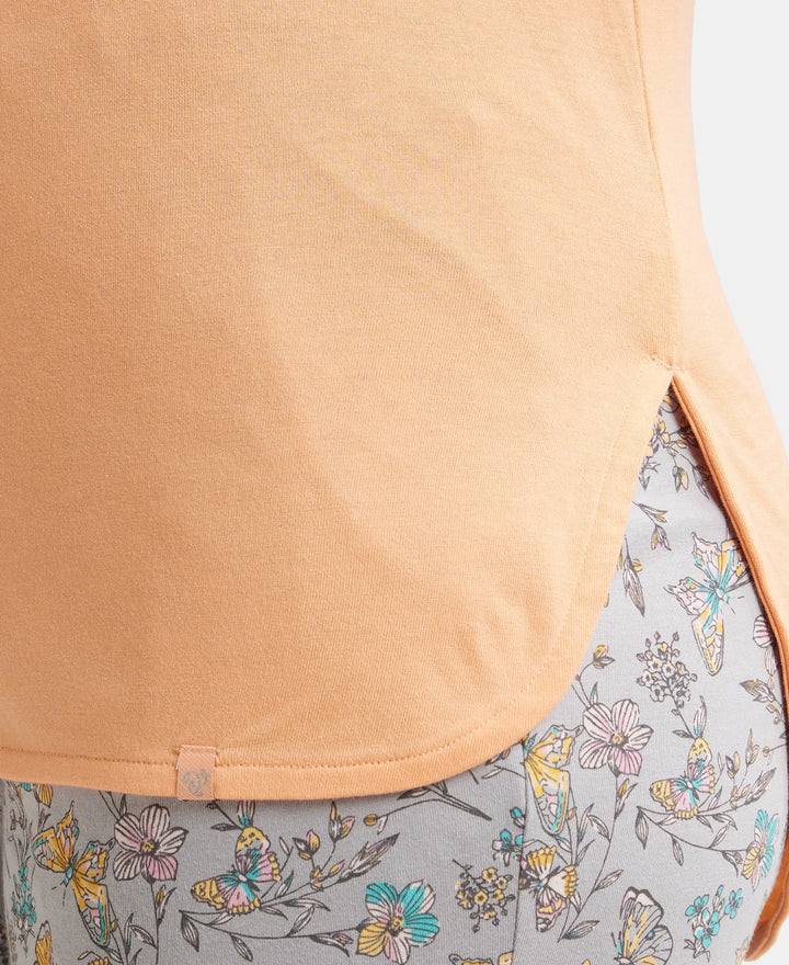 Micro Modal Cotton Relaxed Fit Solid Round Neck Full Sleeve T-Shirt with Curved Hem Styling - Coral Reef-7