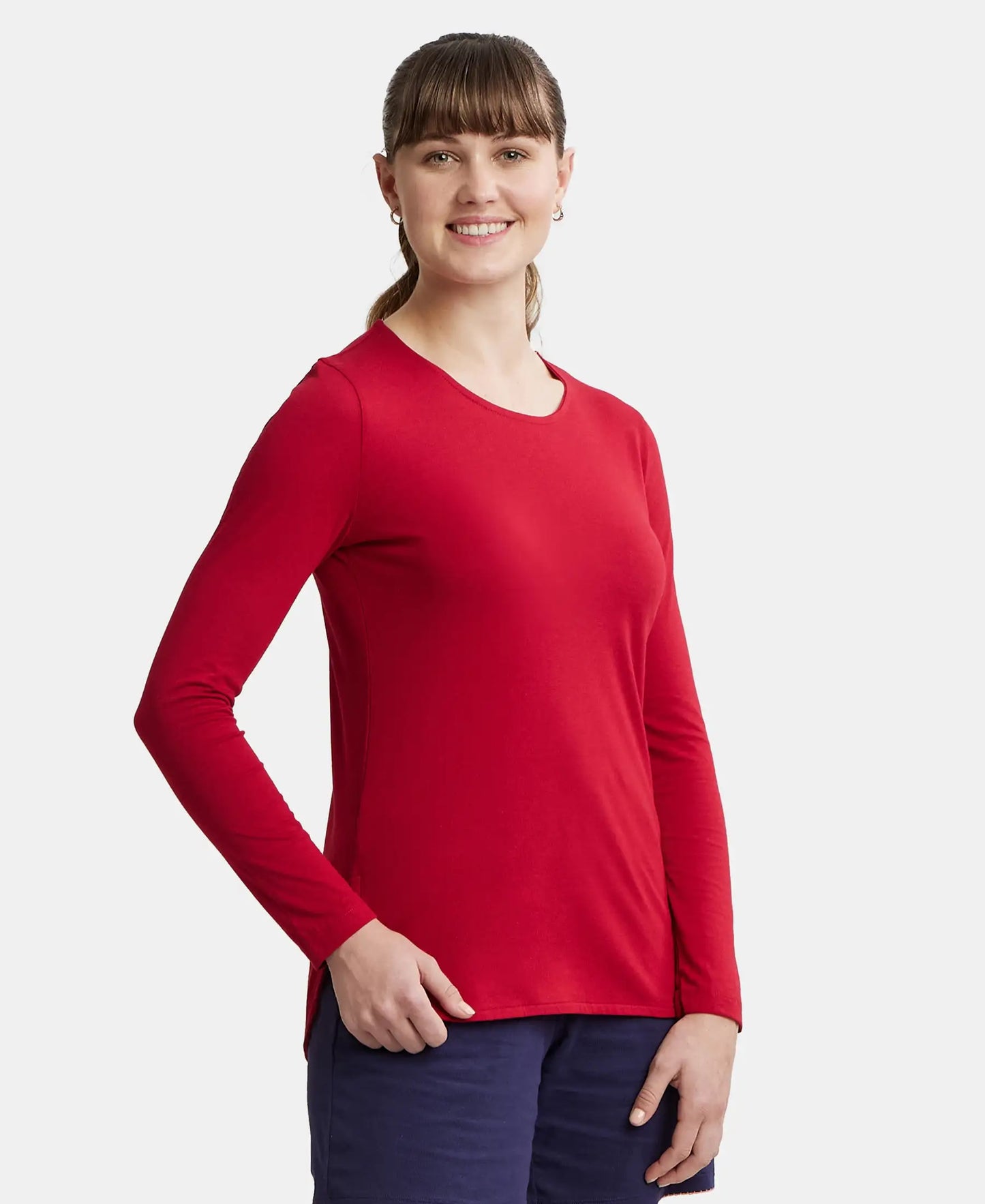 Micro Modal Cotton Relaxed Fit Solid Round Neck Full Sleeve T-Shirt with Curved Hem Styling - Jester Red-2