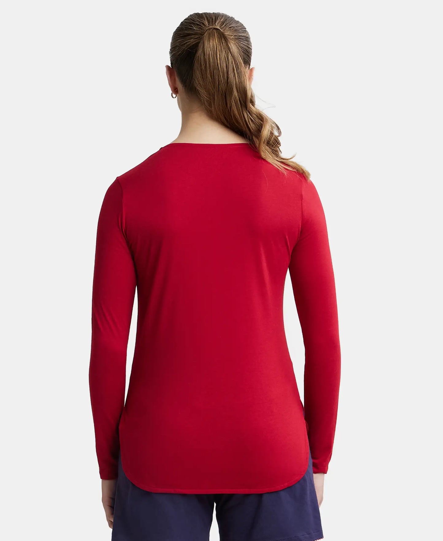 Micro Modal Cotton Relaxed Fit Solid Round Neck Full Sleeve T-Shirt with Curved Hem Styling - Jester Red-3