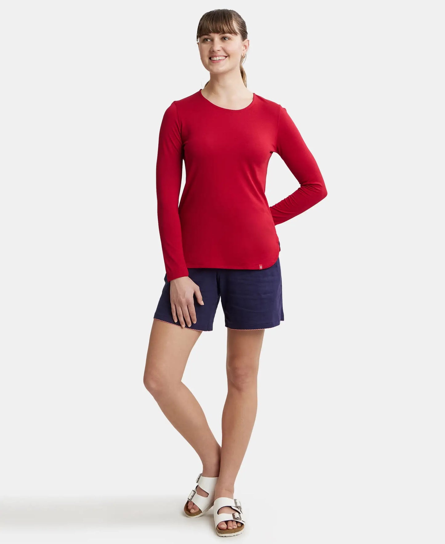 Micro Modal Cotton Relaxed Fit Solid Round Neck Full Sleeve T-Shirt with Curved Hem Styling - Jester Red-4