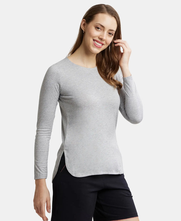 Micro Modal Cotton Relaxed Fit Solid Round Neck Full Sleeve T-Shirt with Curved Hem Styling - Light Grey Melange-2
