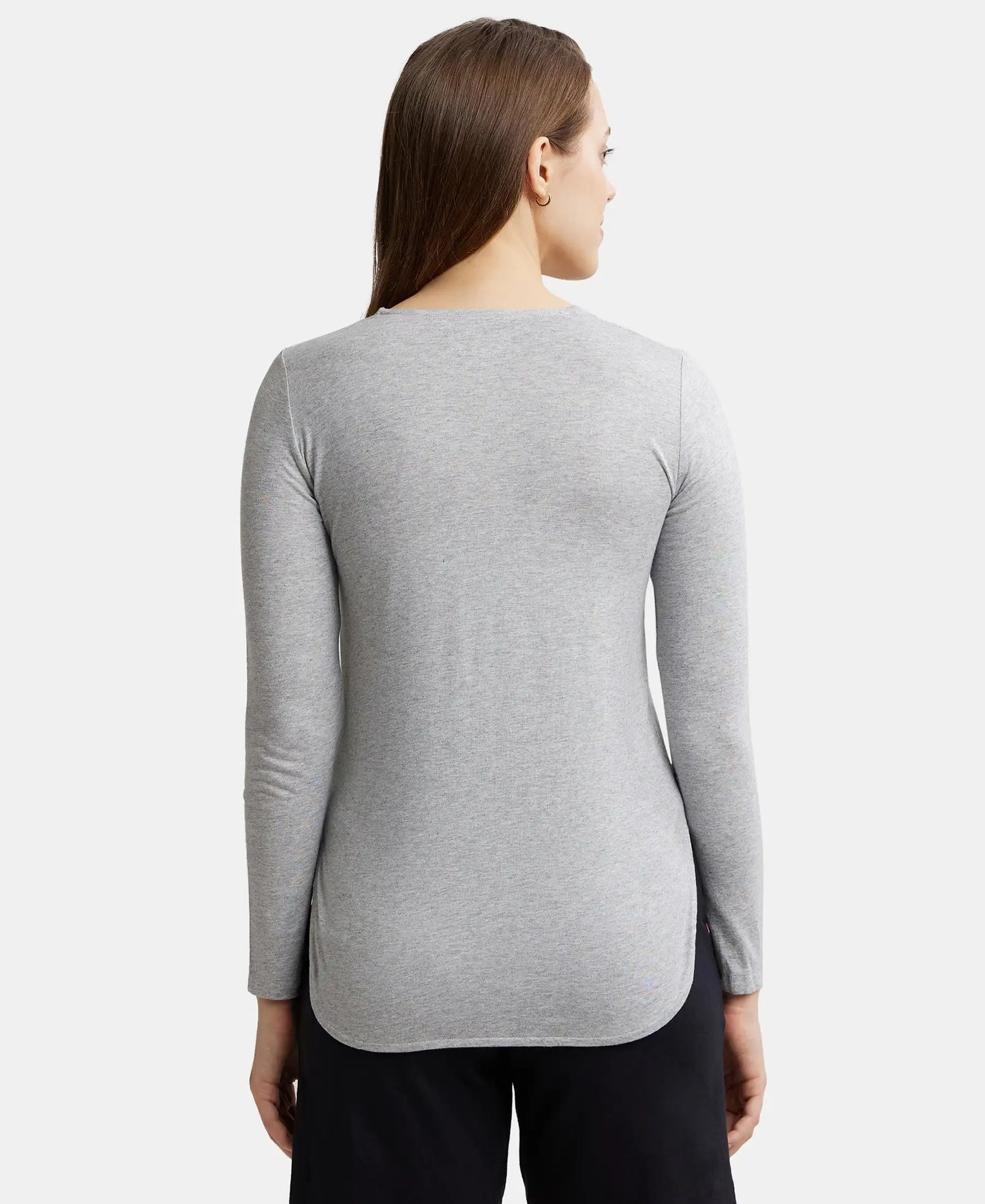 Micro Modal Cotton Relaxed Fit Solid Round Neck Full Sleeve T-Shirt with Curved Hem Styling - Light Grey Melange-3