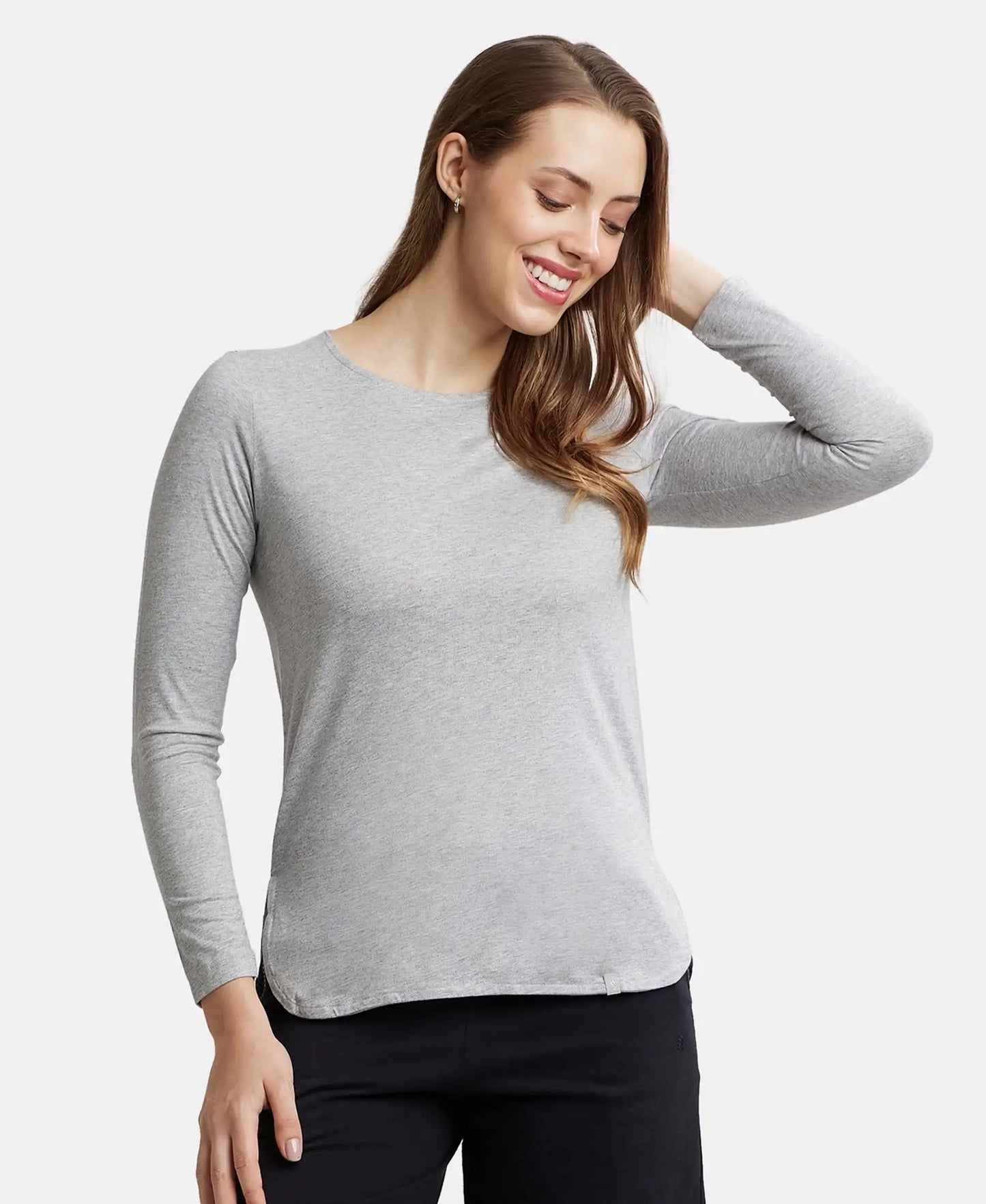 Micro Modal Cotton Relaxed Fit Solid Round Neck Full Sleeve T-Shirt with Curved Hem Styling - Light Grey Melange-5