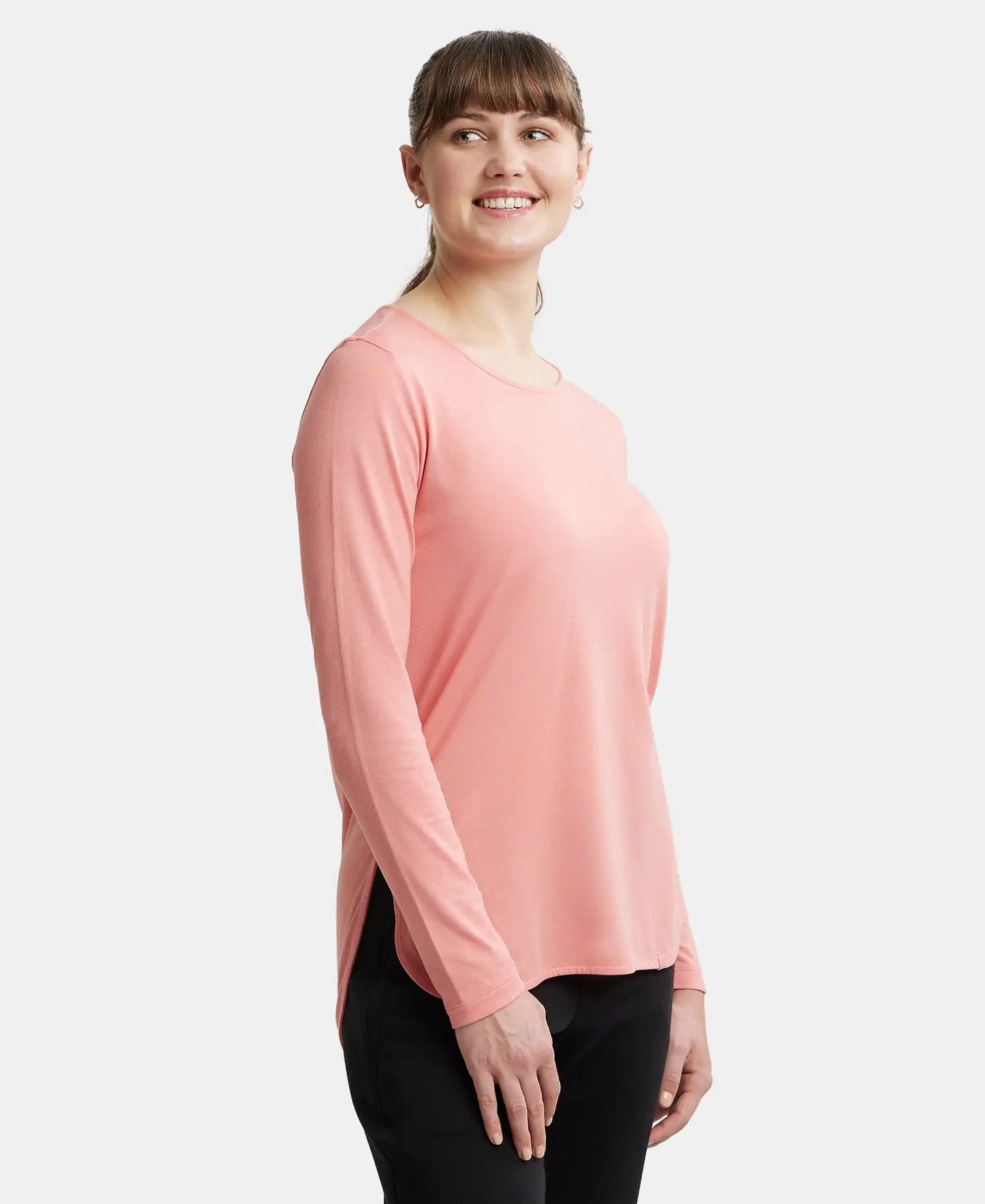 Micro Modal Cotton Relaxed Fit Solid Round Neck Full Sleeve T-Shirt with Curved Hem Styling - Peach Blossom-2