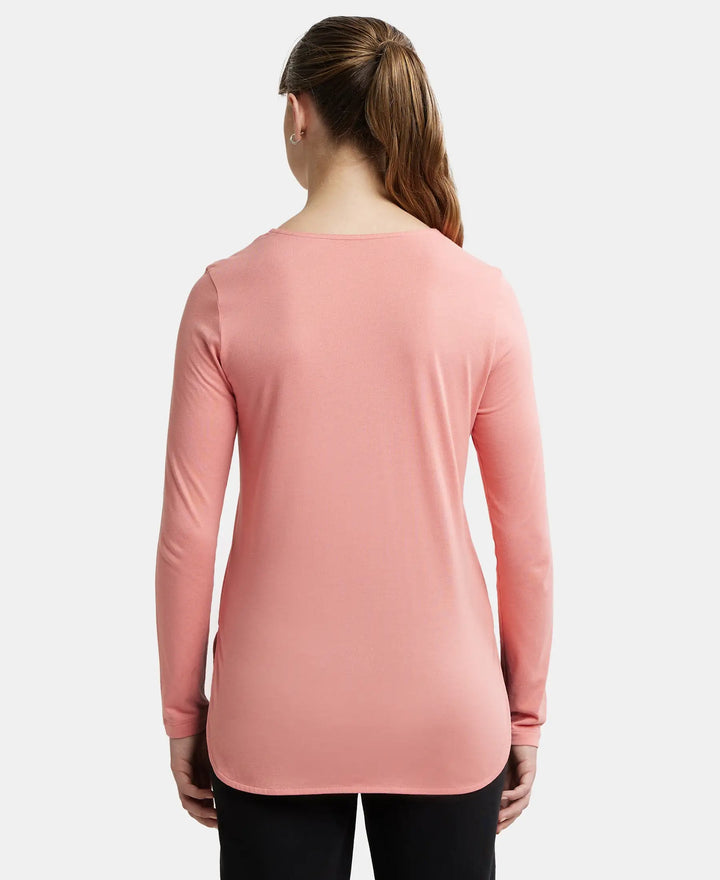 Micro Modal Cotton Relaxed Fit Solid Round Neck Full Sleeve T-Shirt with Curved Hem Styling - Peach Blossom-3