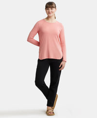 Micro Modal Cotton Relaxed Fit Solid Round Neck Full Sleeve T-Shirt with Curved Hem Styling - Peach Blossom-4