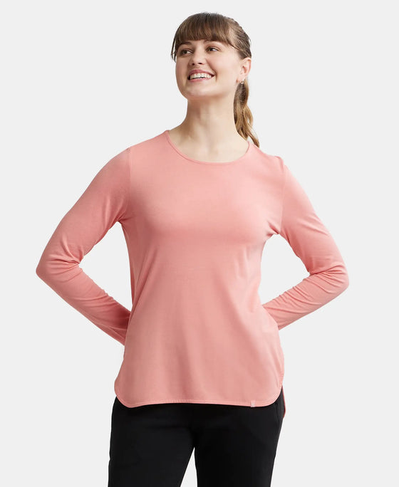 Micro Modal Cotton Relaxed Fit Solid Round Neck Full Sleeve T-Shirt with Curved Hem Styling - Peach Blossom-5