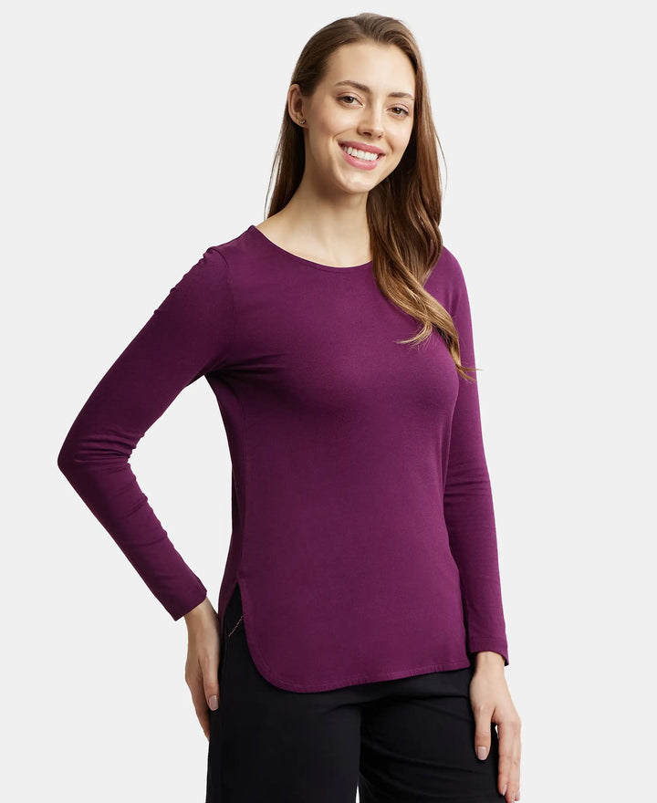 Micro Modal Cotton Relaxed Fit Solid Round Neck Full Sleeve T-Shirt with Curved Hem Styling - Purple Wine-2
