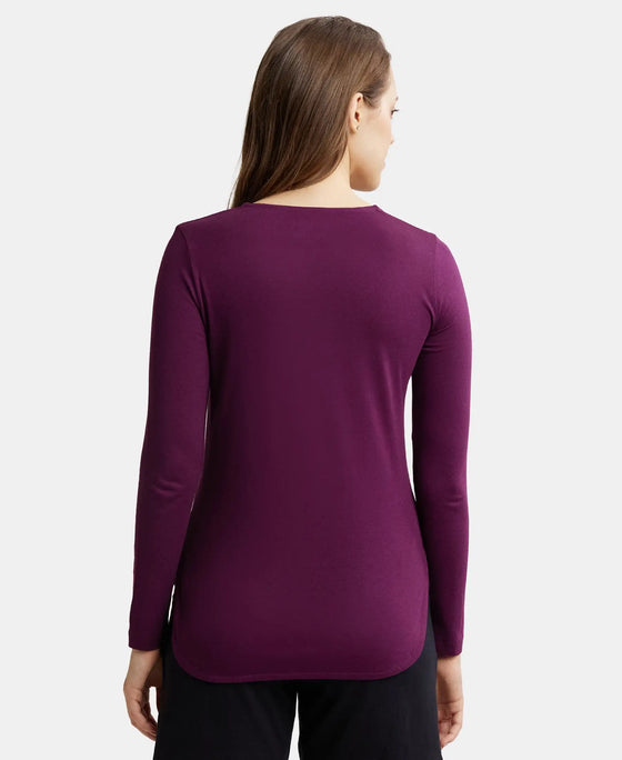 Micro Modal Cotton Relaxed Fit Solid Round Neck Full Sleeve T-Shirt with Curved Hem Styling - Purple Wine-3