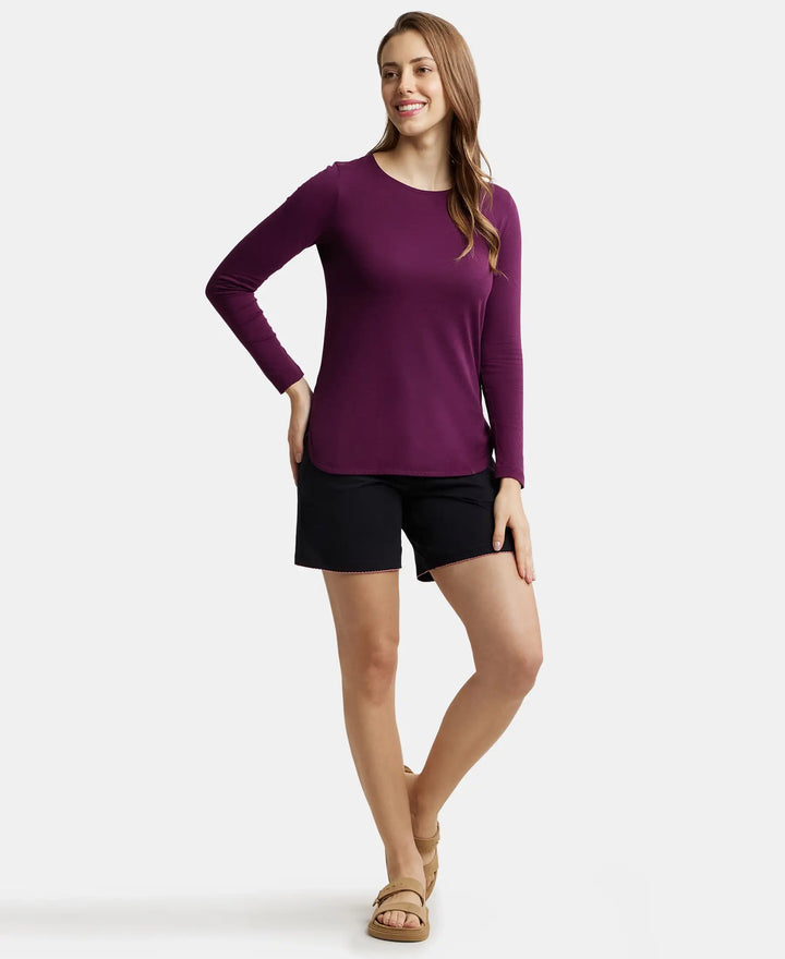 Micro Modal Cotton Relaxed Fit Solid Round Neck Full Sleeve T-Shirt with Curved Hem Styling - Purple Wine-4