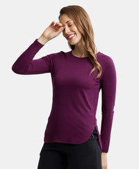 Micro Modal Cotton Relaxed Fit Solid Round Neck Full Sleeve T-Shirt with Curved Hem Styling - Purple Wine-5