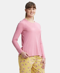 Micro Modal Cotton Relaxed Fit Solid Round Neck Full Sleeve T-Shirt with Curved Hem Styling - Wild Rose-2