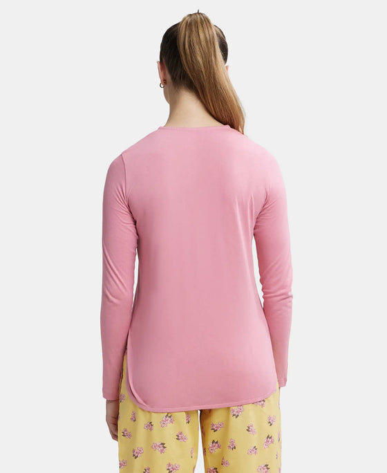Micro Modal Cotton Relaxed Fit Solid Round Neck Full Sleeve T-Shirt with Curved Hem Styling - Wild Rose-3