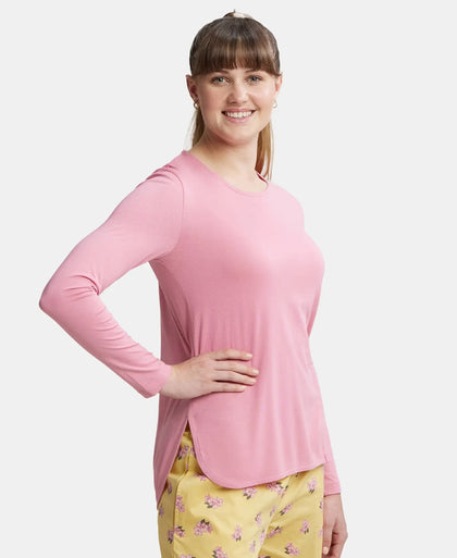 Micro Modal Cotton Relaxed Fit Solid Round Neck Full Sleeve T-Shirt with Curved Hem Styling - Wild Rose-5