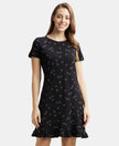 Micro Modal Cotton Ruffled Hem Styled Half Sleeve Printed Sleep Dress - Black-1