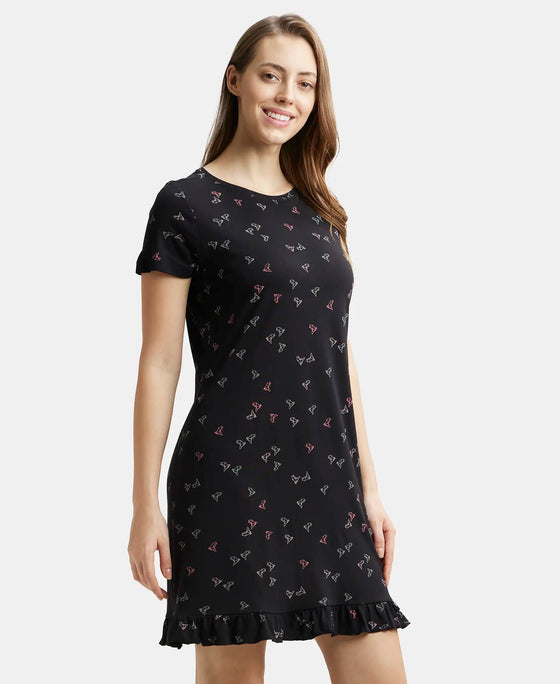 Micro Modal Cotton Ruffled Hem Styled Half Sleeve Printed Sleep Dress - Black-2