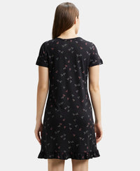 Micro Modal Cotton Ruffled Hem Styled Half Sleeve Printed Sleep Dress - Black-3