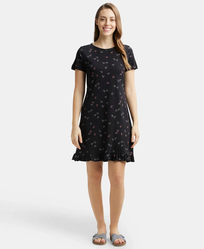 Micro Modal Cotton Ruffled Hem Styled Half Sleeve Printed Sleep Dress - Black-4