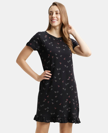 Micro Modal Cotton Ruffled Hem Styled Half Sleeve Printed Sleep Dress - Black-5