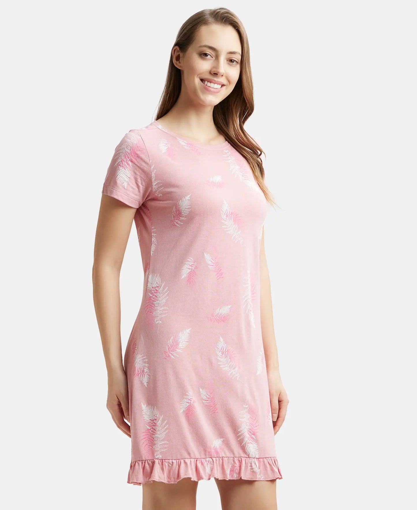 Micro Modal Cotton Ruffled Hem Styled Half Sleeve Printed Sleep Dress - Blush Assorted Prints-2
