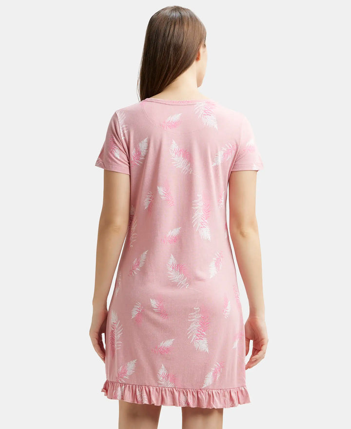 Micro Modal Cotton Ruffled Hem Styled Half Sleeve Printed Sleep Dress - Blush Assorted Prints-3