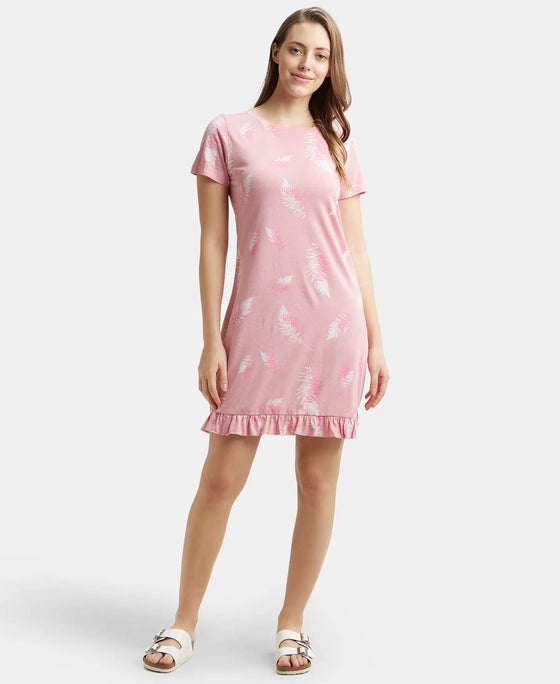 Micro Modal Cotton Ruffled Hem Styled Half Sleeve Printed Sleep Dress - Blush Assorted Prints-4